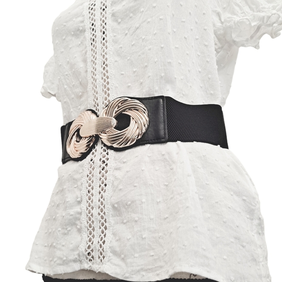 Corset Black wide waist elastic stretch belt metal gold swirls buckle - Picture 5 of 11